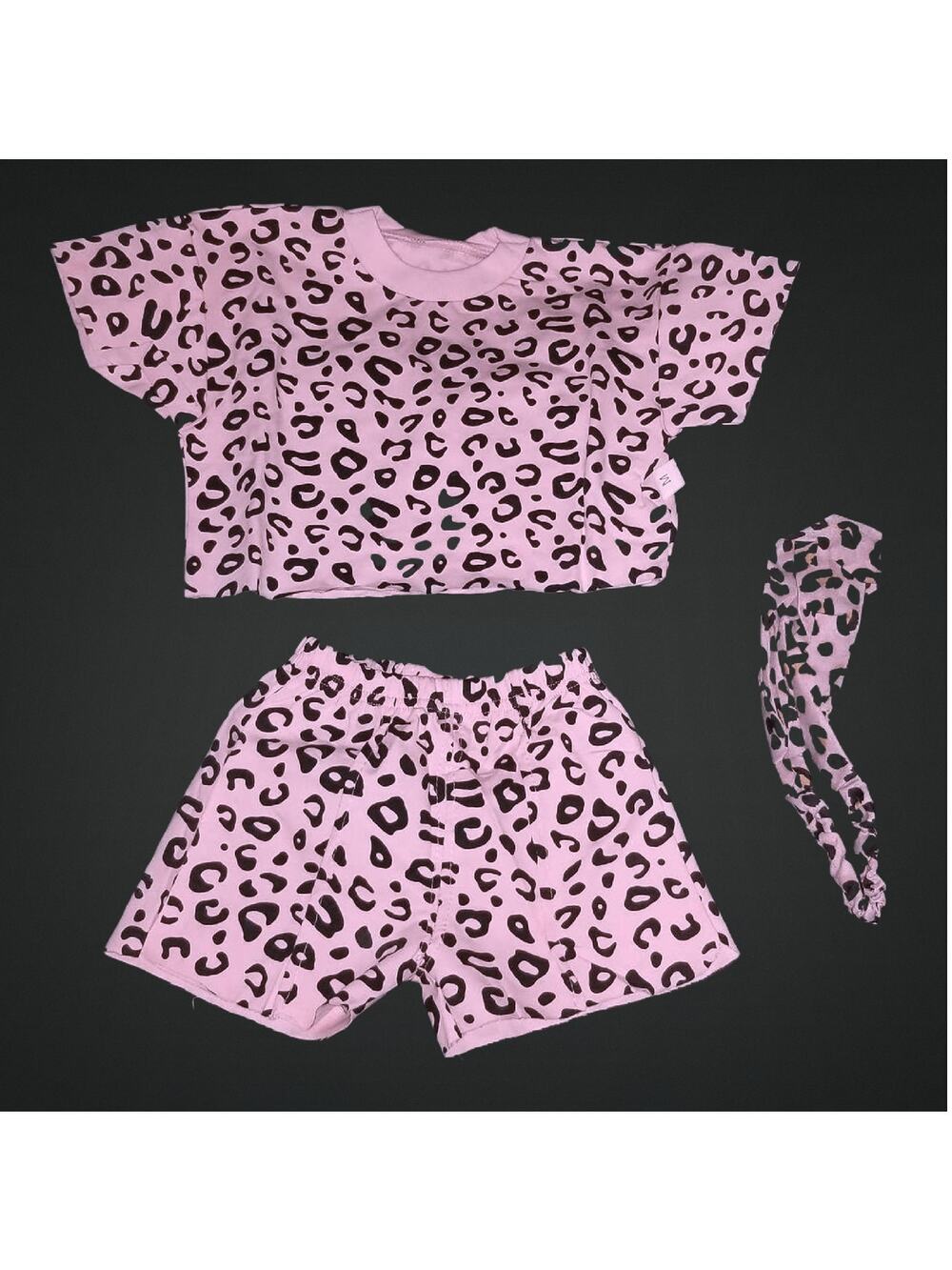 Toddler Girls 3 Piece Pink Leopard Summer Shorts Shirt Headband Outfit Size 2T